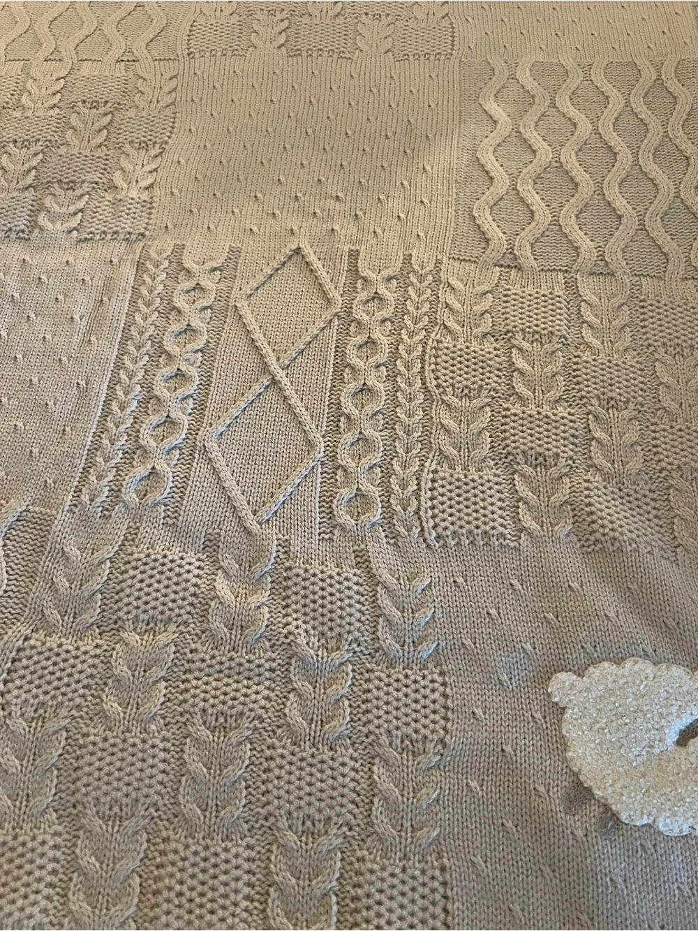 Pottery Barn Kids Tan Patchwork Cable Heirloom Sheep Baby Blanket